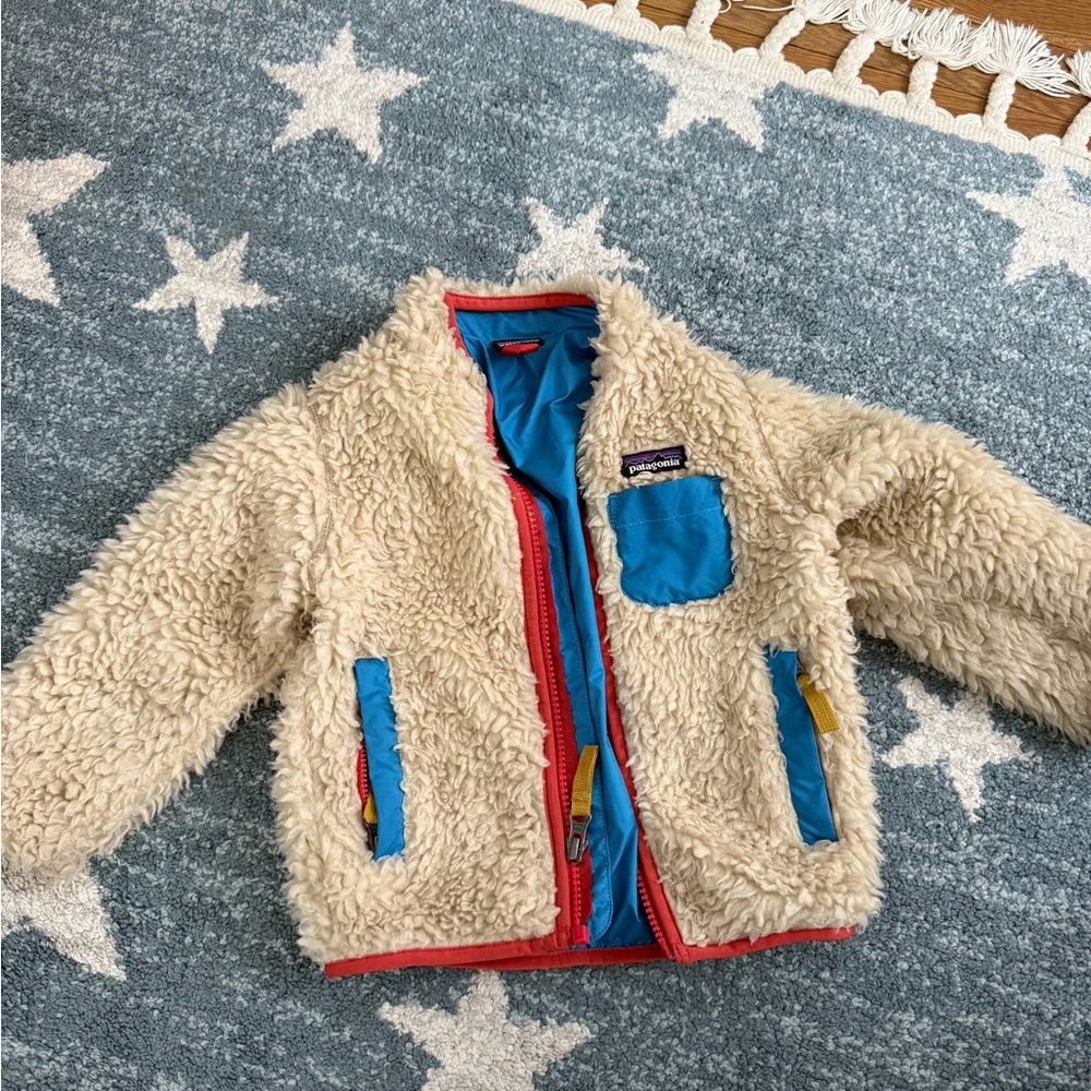 Patagonia Kids Cream and Blue Sherpa Jacket